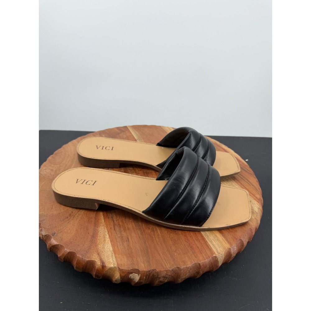 VICI Slide Sandals Womens 9 Black Quilted Puffer Square Toe Flat Slip On